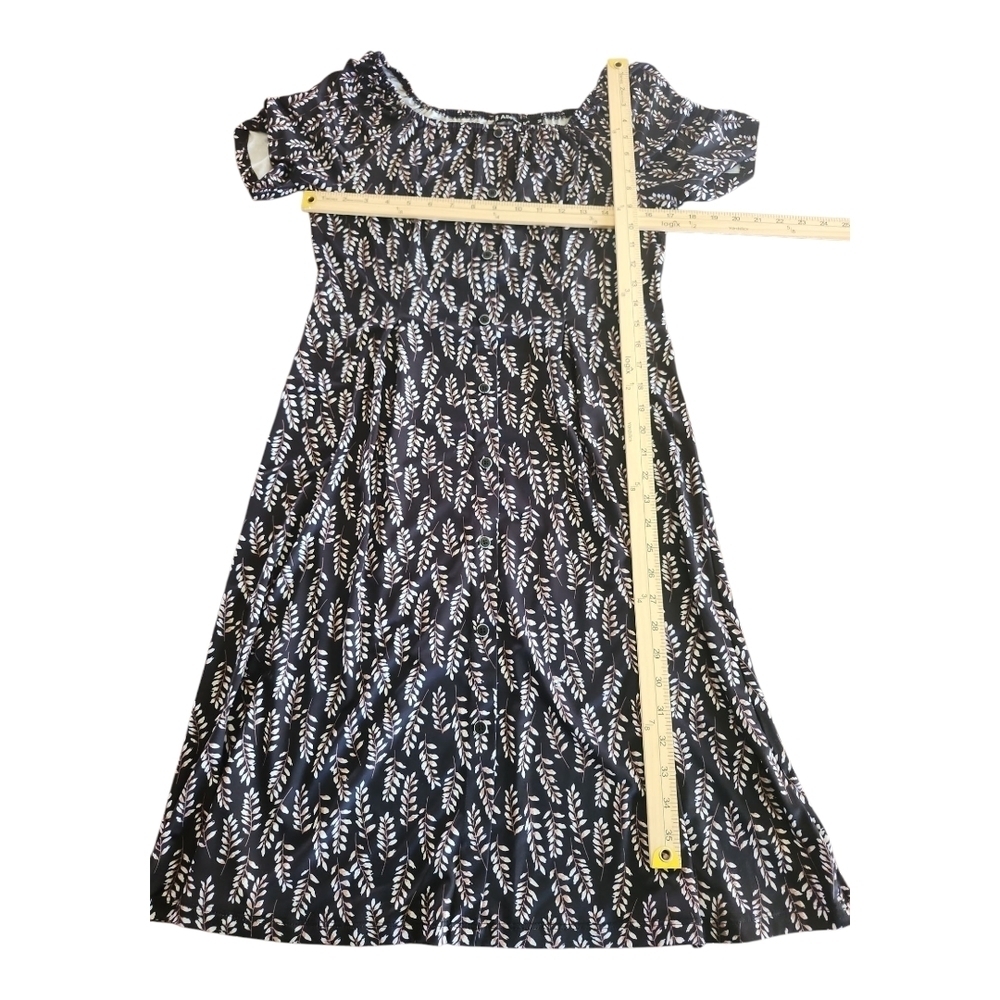 Allegra K Black Leaf Print Dress | Scoop Neck Stretch Knit Dress Size M - Picture 6 of 9